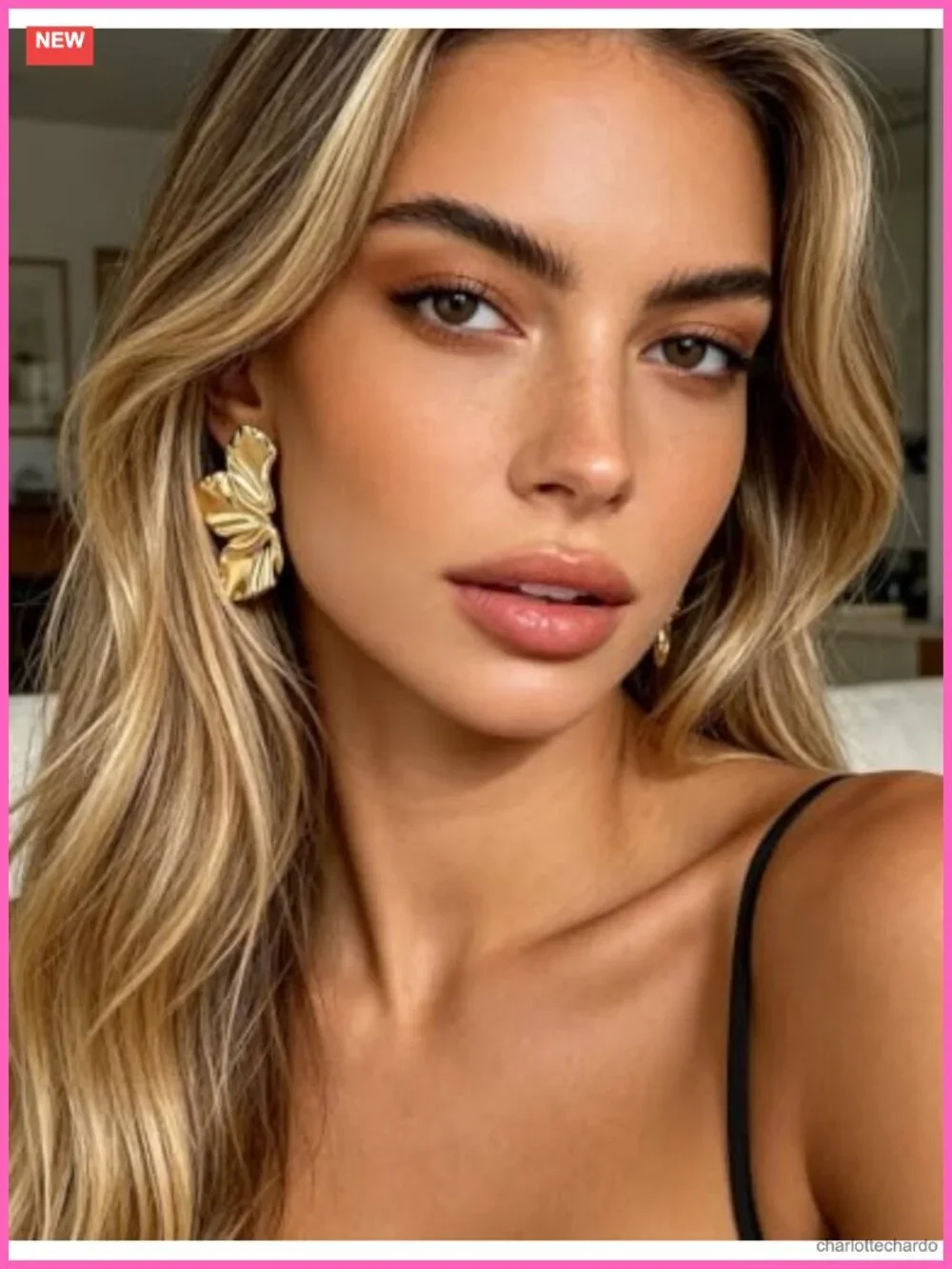 Gold Plated Statement Flower Drop Earrings for Women, Bohemian Floral 3D Design